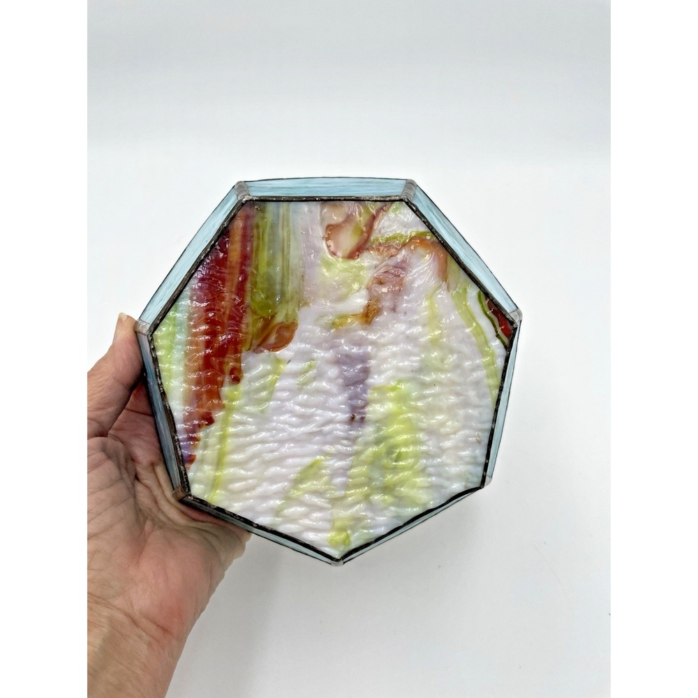 Vintage Turquoise‎ & Red Stained Glass Art Bowl 6.5" D - Picture 4 of 8